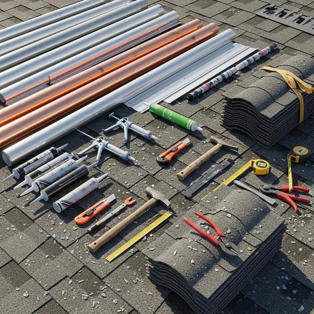 Various roofing repair materials and tools displayed on a rooftop, highlighting common repair methods