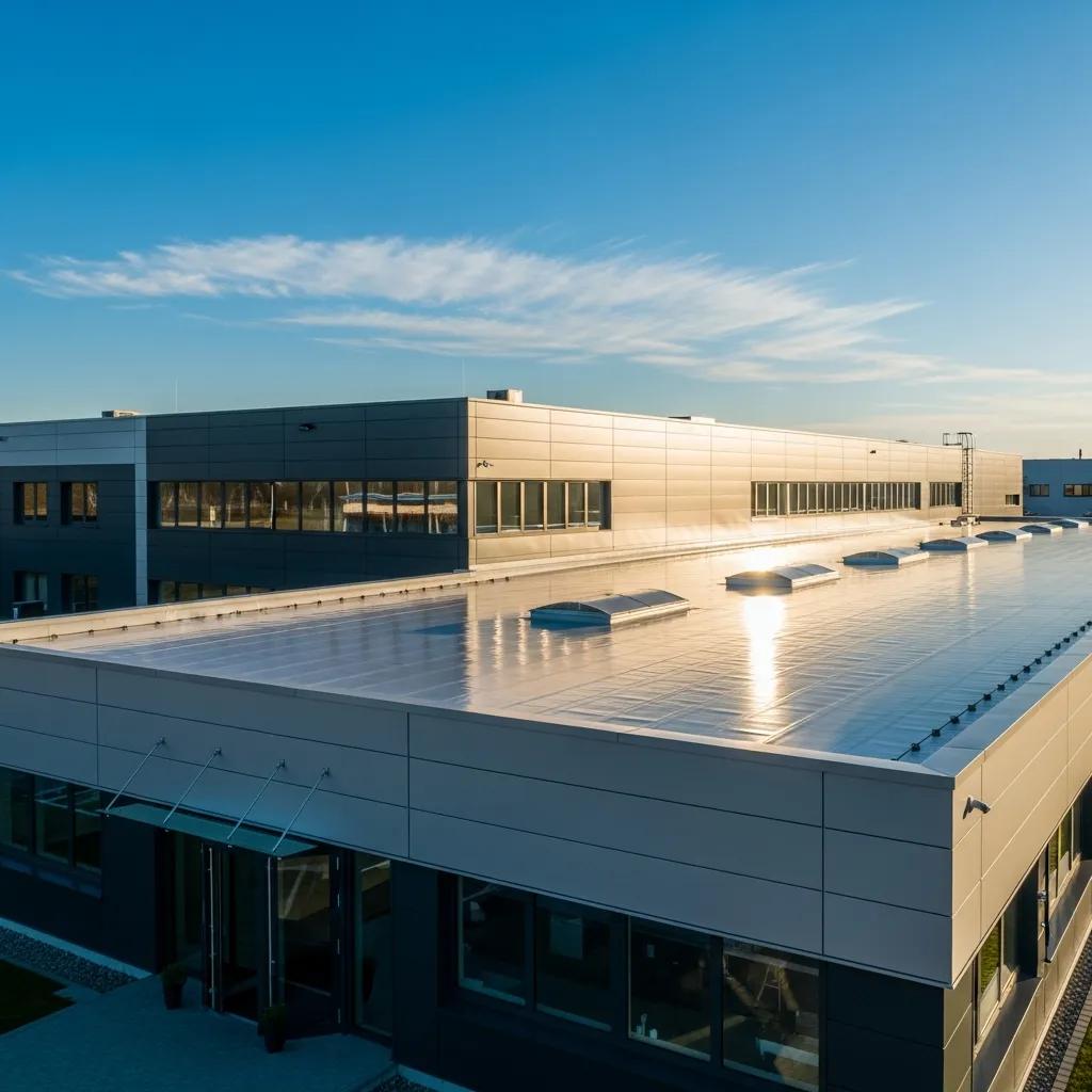Well-maintained commercial roof under a clear blue sky, emphasizing longevity and care